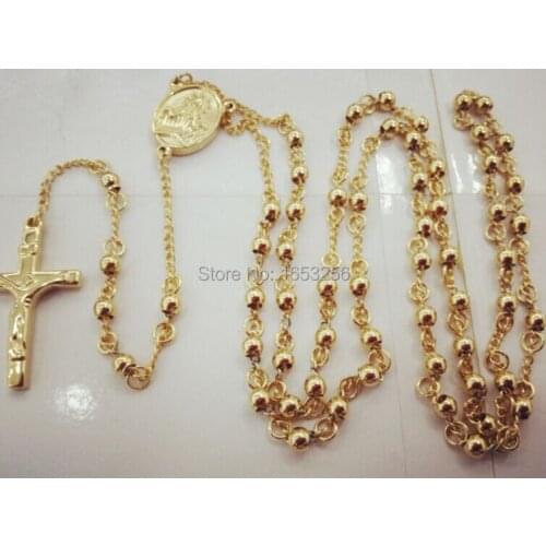 26'' + 4.5'' Fashion Stainless steel Gold Crucifix ROSARY CHAIN NECKLACE 4mm ball chain New