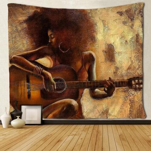 African American Women Play The Guitar Tapestries Hippie Black Art Wall Hanging Throw Tablecloth