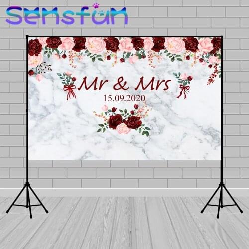 Wedding Photography Background Custom Mr & Mrs Bridal Party Decoration Marble Flower Photo Backdrops Portrait Photocall