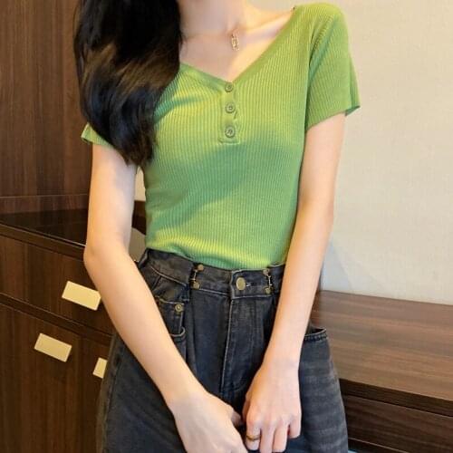 T-shirt Women 6 Colors Button V-neck Vintage Casual College Minimalist All-match Slim Female Korean Style Fashion Ins Cozy Tops