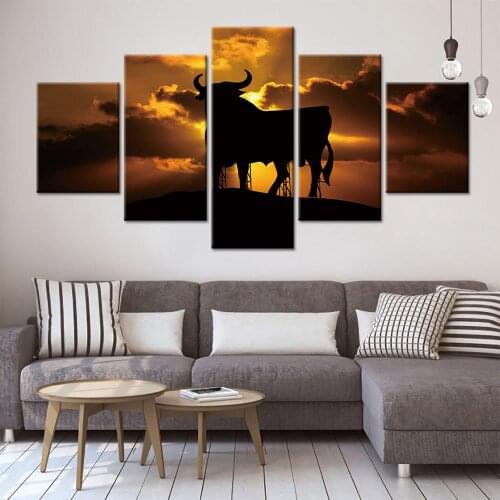 Canvas Wall Art Painting Texas Longhorn Cattle Art Print Poster Wall Decoration Home Decor 5 Panel Picture