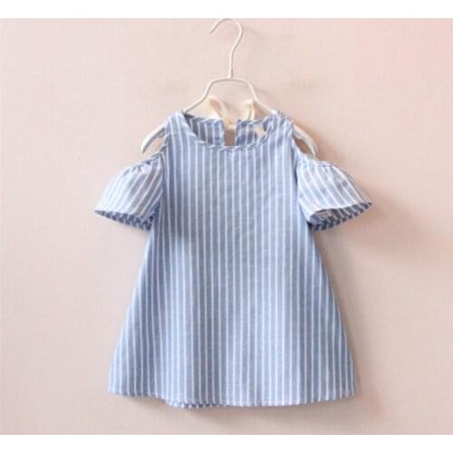 Hot Summer Toddler Kids Baby Girls Clothes Blue Striped Off-shoulder Party Gown Formal Dress