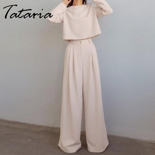 Minimalism Autumn Women Pants Set Two Piece Set Women Top and Pants O Neck Long Sleeve Shrit Wide Leg Pants Lady Trousers Mujer