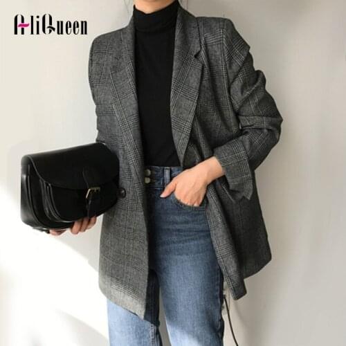 2020 Autumn Winter Womens Blazers Ladies Plaid Double Breasted Pockets Formal Jackets Female Checkered Outerwear Tops Coats