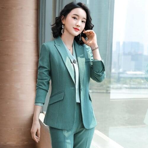 IZICFLY Autumn Winter Green suit women blazers with Trouser Uniform Business jaket and pants two peice set for office work wear
