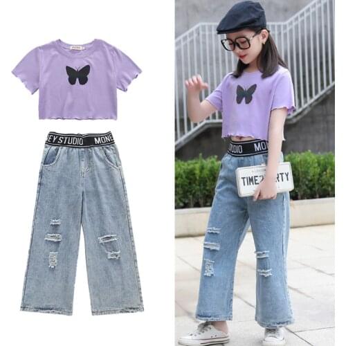 Oyolan 2021 New Summer Kids Girls Clothing Sets Casual Butterfly T Shirt Top Ripped Jeans Pants 2Pcs Teenage Fashion Streetwear