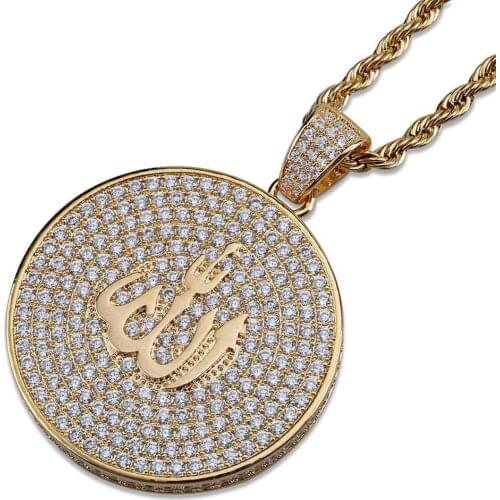 Micro Paved Cubic Zirconia Bling Iced Out Islamic Muslim Allah Round Pendants Necklace for Men Women Hip Hop Jewelry