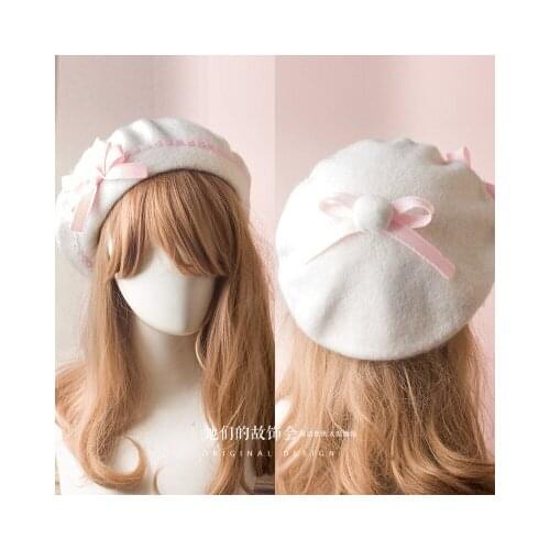Hand Made Japanese Lolita Wave Pattern Bowknot Hairball Berets Original Design Free Shipping B