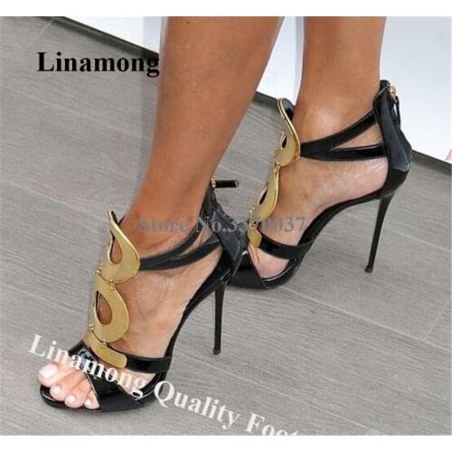 Linamong Brand Open Toe Golden Circle Stiletto Heel Gladiator Sandals Black Patent Leather High Heel Sandals Formal Dress Shoes