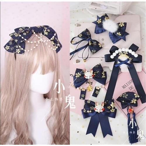 Navy blue Gothic Lolita Lace Trim KC hair pin Pearls Bow Handwork Hair Accessories Headwear Womens Headdress B464