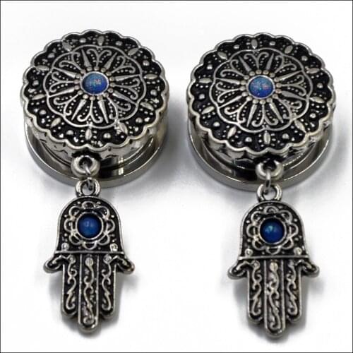 Pair Antique Tribal Dangling Hamsa Hand Logo Screw Fit Ear Flesh Tunnel Ear Plug with Opal Body Piercing Jewelry 8mm-16mm