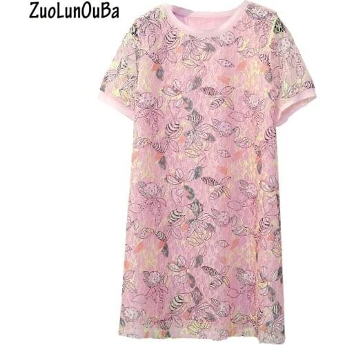 ZuoLunOuBa Summer Fashion Hollow Pink Long T Shirt Women Floral Pattern Short Sleeve Slim Long Tees Tops