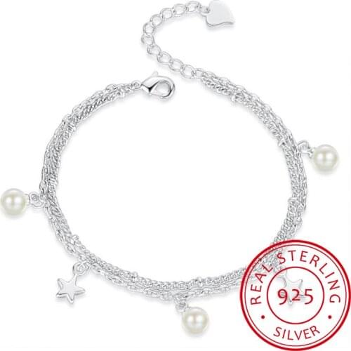 OL Simple 925 Sterling Silver Pearl Star Charm Bracelets For Women Valentines Gift Double Layer Chain pulseira S-B230