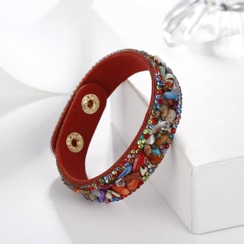 Vintage Womens Leather Bracelet Colorful Natural Stone Charm Adjustable Wrap Bracelets Family Couple Friendship Jewelr