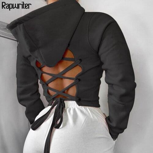 Cross Bandage Tie Up Backless Black Hoodie Sweatshirt Women Fad Autumn Long Sleeve Harajuku Pink Hoodies Pullover Crop Tops