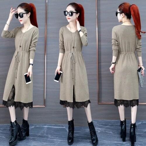 Womens V-Neck Lace Lace-Up Dress 2021 Autumn Winter Womens Long Thickened Large Size Over The Knee Knitted Sweater Dresses 607