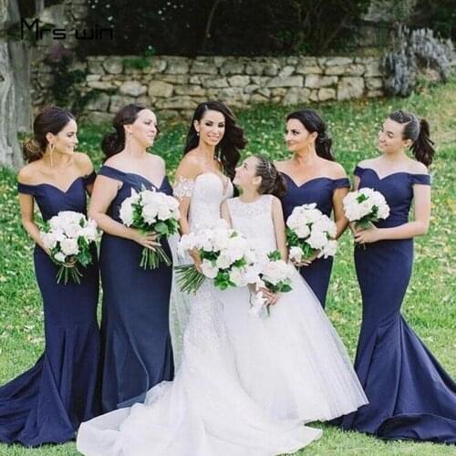 Mrs win Bridesmaid Dress Navy Blue Off Shoulder Women Wedding Party Dresses Formal Gowns HR262 Mermaid Long Vestido Madrinha
