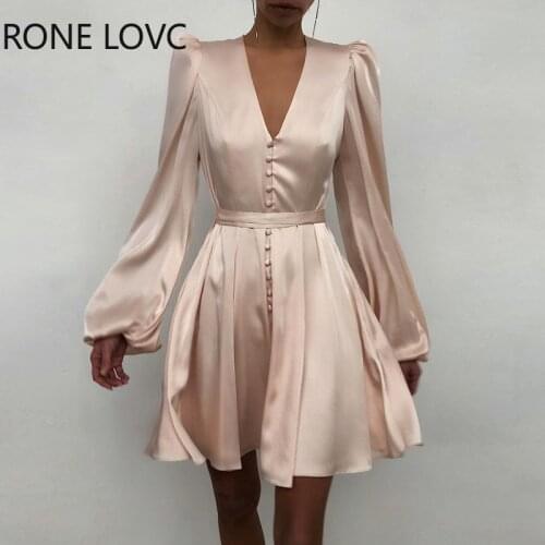 Women Plain Puff Sleeve Ruched Button Front Party Sexy Dress Elegant Fashion Dress