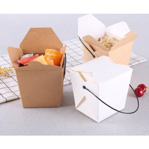 10pcs Kraft Paper Picnic Lunch Snack Fruit Salad Box Disposable Food Pasta Packaging Box With Handle For Baby Birthday Party