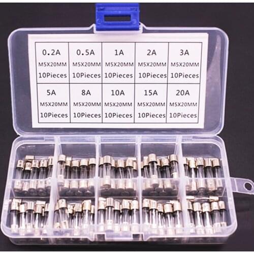 100pcs/lot Set Kit 5x20mm Fuse Assorted Kits DIY Quick Blow Glass Tube Fast-blow Glass Fuses 0.2A-20A