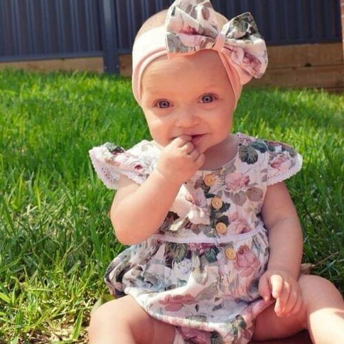 Baby Girl Flower Print Fly Sleeve Lace Ruffle Romper Girls Bowknot Headband Outfits Clothing Kids 2Pcs Sets Newborn Clothes