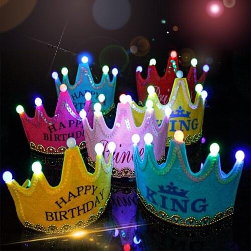 Kids Birthday Party Crown hat LED Light King Princess Happy Birthday Cap Net red Headband Girl Boy Party Glowing Decorations