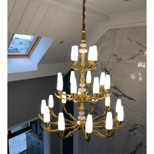 Duplex house Led staircase Chandelier Church glass cover copper pendant fixture lighting 40 arm E14 Hotel LED luminaria 110-240V