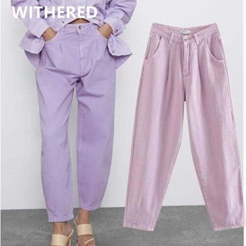 Jenny&Dave boyfriend jeans summer england vintage purple color mom jeans woman Turnip pants high waist jeans pleated for women