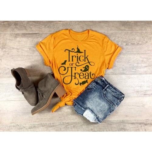 Unisex Short Sleeve Hipster Tee Trick or Treat T-Shirt Yellow Halloween Graphic Tops Vintage Grunge trendy Top Outfits Drop Ship