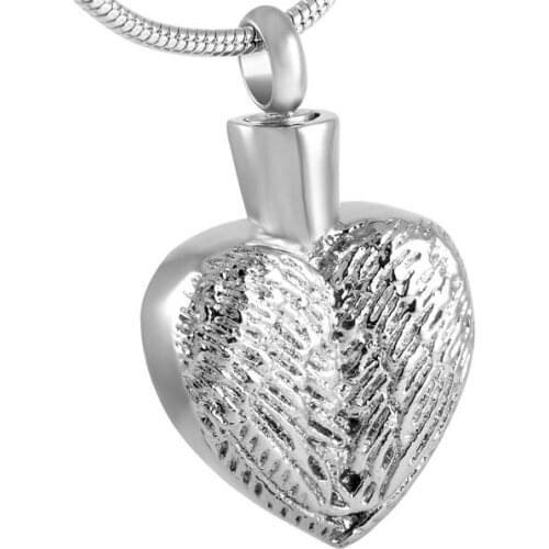 IJD8558 New Design Stainless Steel Wings Feather Heart Memorial Urn Jewelry Necklace Ashes Holder Keepsake Cremation Pendant