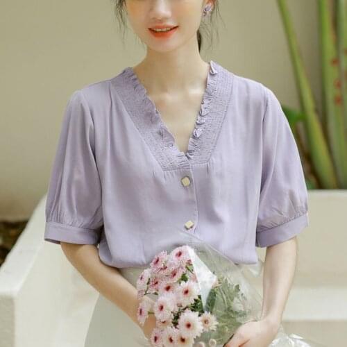 Korean Elegant Women Tops Summer 2021 Purple Ruffle Casual France Vintage Blouses White Short Sleeve High Street Designer Shirts