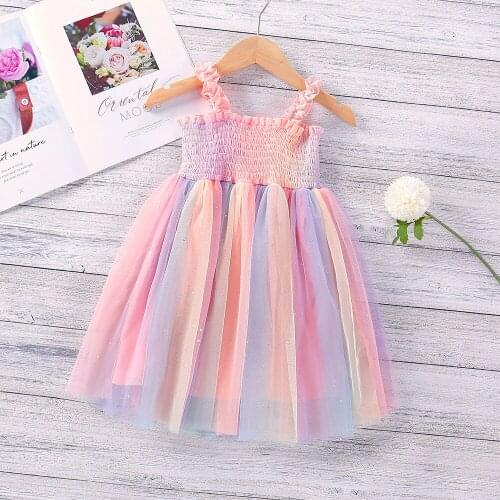 Summer Breathable Baby Girls Suspender Dress Toddler Kids Elastic Bust Creative Rainbow Color Mesh A-Line Princess Dress