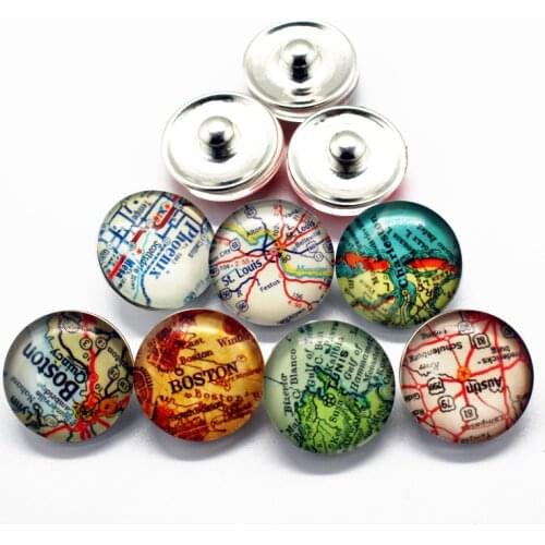 Newest 12pcs/lot glass map snap buttons 18mm leather clasp snap button bracelet snap Bangles jewelry