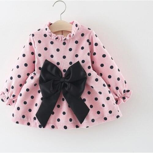 2019 New Autumn Winter Baby Girls Cute Dress Dot Print Ruffles Long Sleeve Knee Length A-Line Big Bowknot Dress