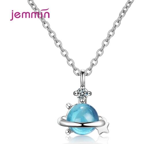 New Arrival Creative Planet Star Pattern 925 Sterling Silver Charm Necklace Sea Blue Crystals Zirconia 12mm Pendant Necklace