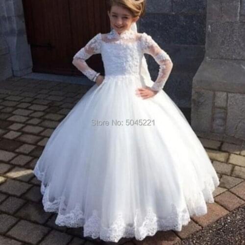 Flower Girl Dresses White High Neck Long Sleeve Lace Applique for Wedding Gown First Communion for Girls Pageant Dresses
