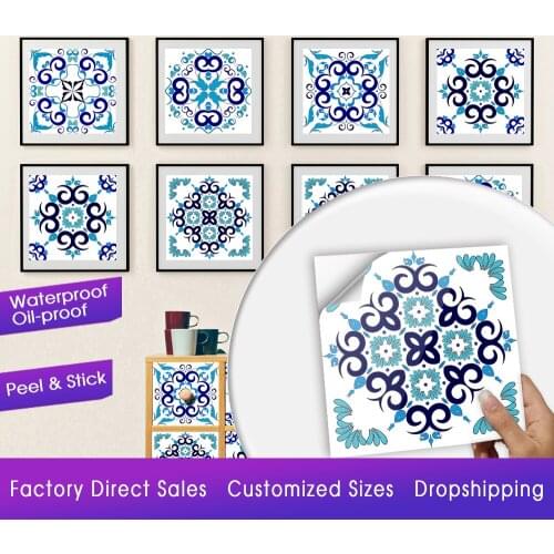 Blue Flowers Pattern Crystal Hard Tiles Ceramics Wall Sticker Kitchen Wardrobe Decoration Art Mural Peel & Stick PVC Wall Decals