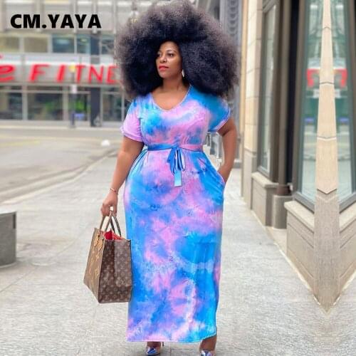 CM.YAYA Plus Size L-4XL Summer Women Tie-dye Print Sashes Bodycon Maxi Dress Sexy Night Club Casual Long Dresses Vestidos