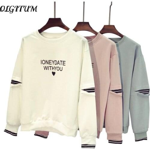 OLGITUM Spring Sweatshirt 2019 Women fake two long-sleeved Hoodies Letters printing loose Sweatshirts solid color sweatshirts