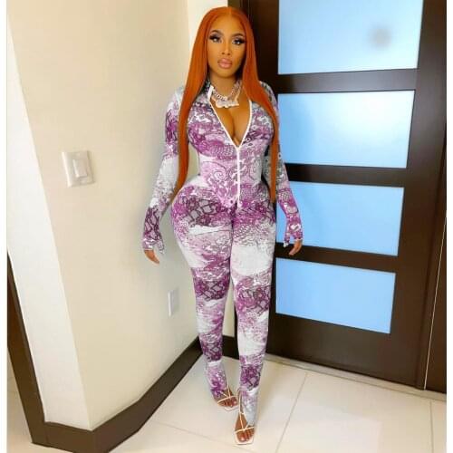 Front Zipper Waves Printed Rompers Womens Jumpsuit Deep V Neck Full Sleeve Fitness Bodysuit Streetwear Split Hem Club Outfits