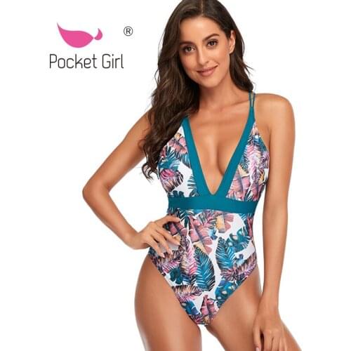 Pocket Girl 2021 Sexy Halter One Piece Swimsuit Plus Size Swimwear Women High Waisted Bathing Suits Beachwear Backless Swim Wear