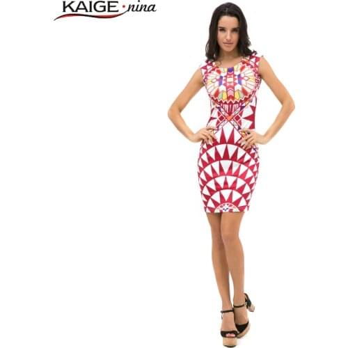 KAIGE NINA Women Vintage Print Dress Casual Sexy Fashion Knee-Length Sleeveless Sheath Plus Size Pencil Dress Vestido 2249a