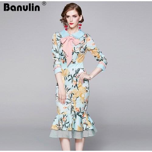 2020 Runway Designer Floral Flower Luxury Mermaid Party Dresses Vintage Elegant Lady Casual Midi Sheath Bodycon Dress Vestidos