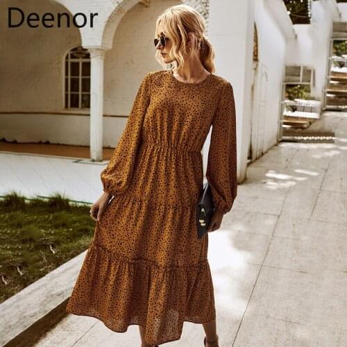 Deenor Vintage Floral Print Maxi Dress Women Boho Long Sleeve Leopard Long Dress Round Neck Casual Shirt Dresses Robe