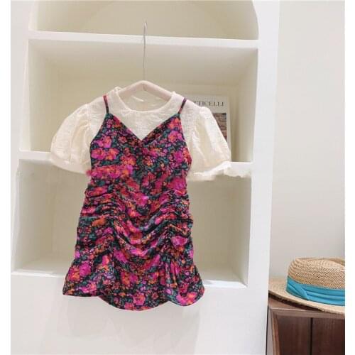Toddler Kids Clothes Girl 2021 Summer Fashion Short Sleeve Top+ Sling Floral Dress 2PCS Girls Clothes Set Toddler Girl Outfits