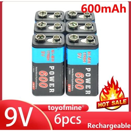 6x Durable 9V 9 Volt 600mAh Power Black Ni-Mh Rechargeable Battery PPS block