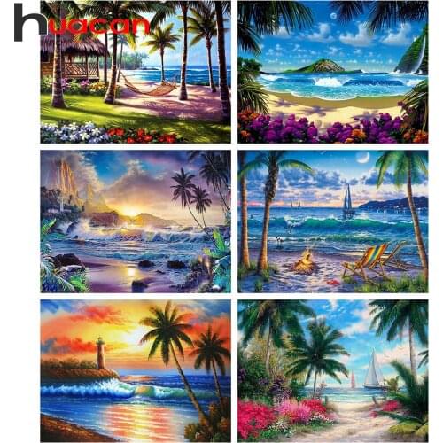 Huacan 5D DIY Diamond Painting Seaside Tree Diamond Mosaic Embroidery Beads Sets Landscape Rhinestone Pictures Home Decor