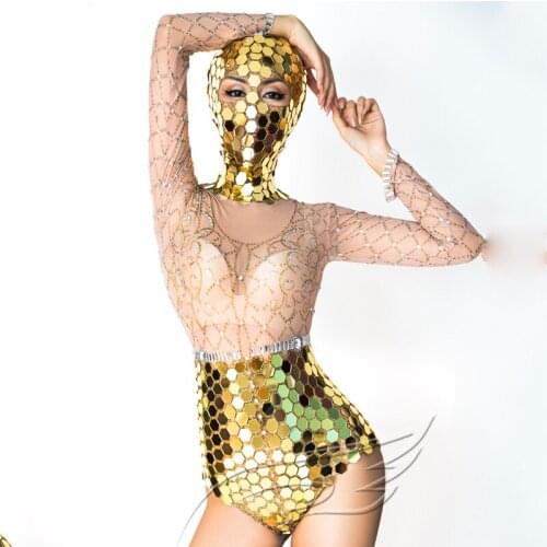 Shining Singer Costumes Rhinestone Lens Stretch Long Sleeve Bodysuit Women Short Headgear Stage Costume Bar Rave Outfits XS1954