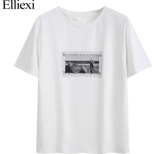 Elliexi Funny White Print T Shirt Women Short Sleeve O Neck Loose Tshirt Love Style Summer Harajuku T shirt Long Tops Bottoming