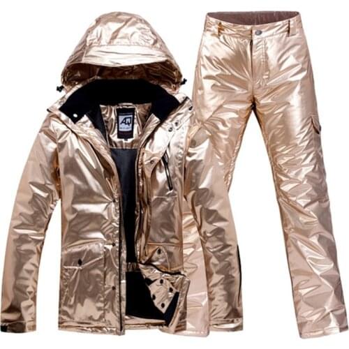 Gold Ski Suit Men Women Snowsuit Couple Winter Outdoor Snowboard Clothing Waterproof Warm Thick Ski Jacket Pant Set